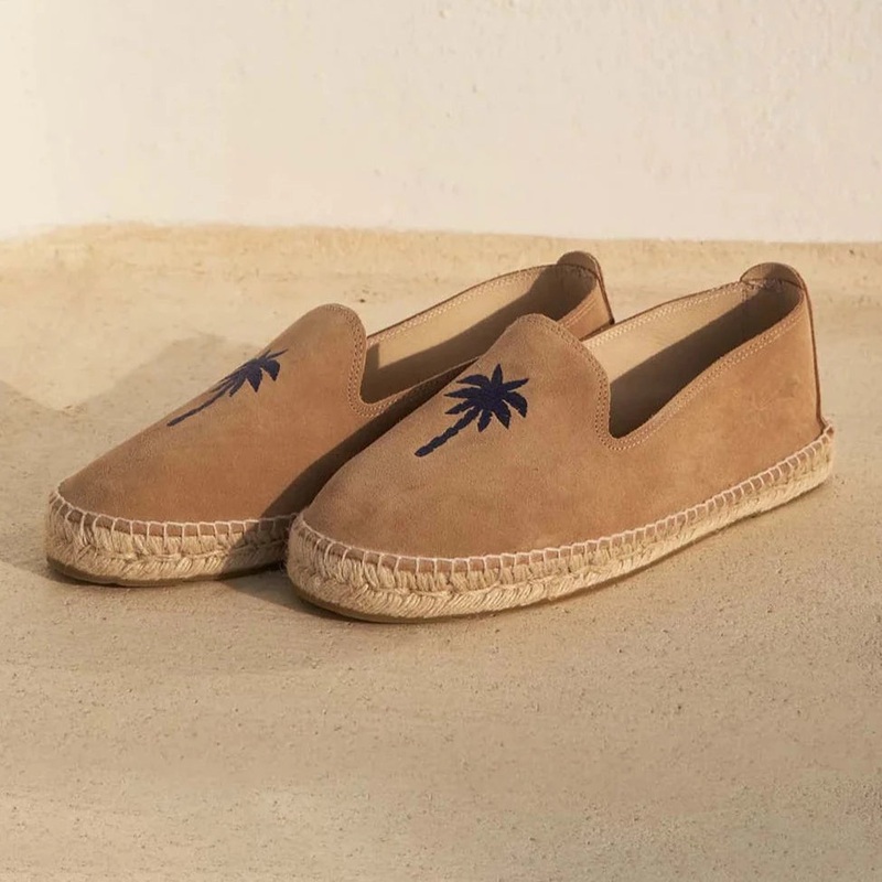 Men's Suede Flat Espadrilles - Washed Beige & Blue Palm 39