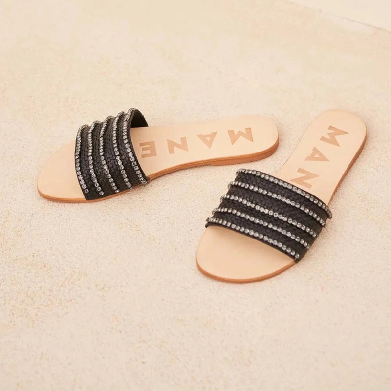 Women's One Strap Leather Sandals Embellished With Crystals - Black 37