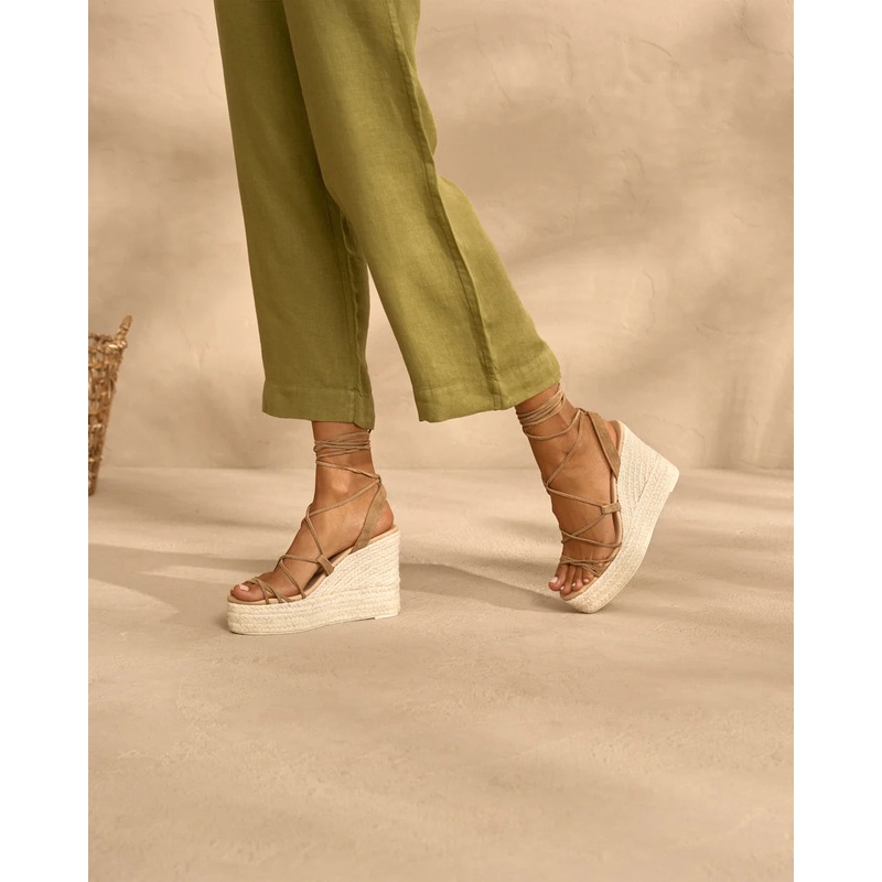 Women's Soft Suede Wedge Espadrilles Lace-Up - Champagne Beige 36