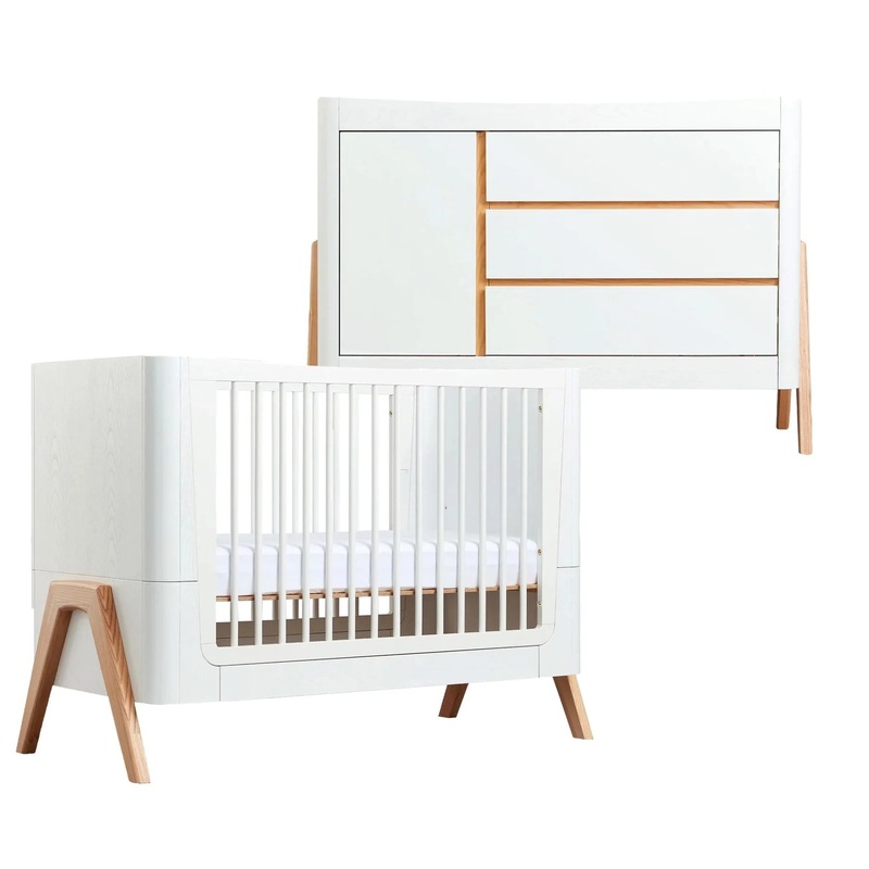 Hera 2 Piece Set - Cot & Dresser - Scandi White/Natural