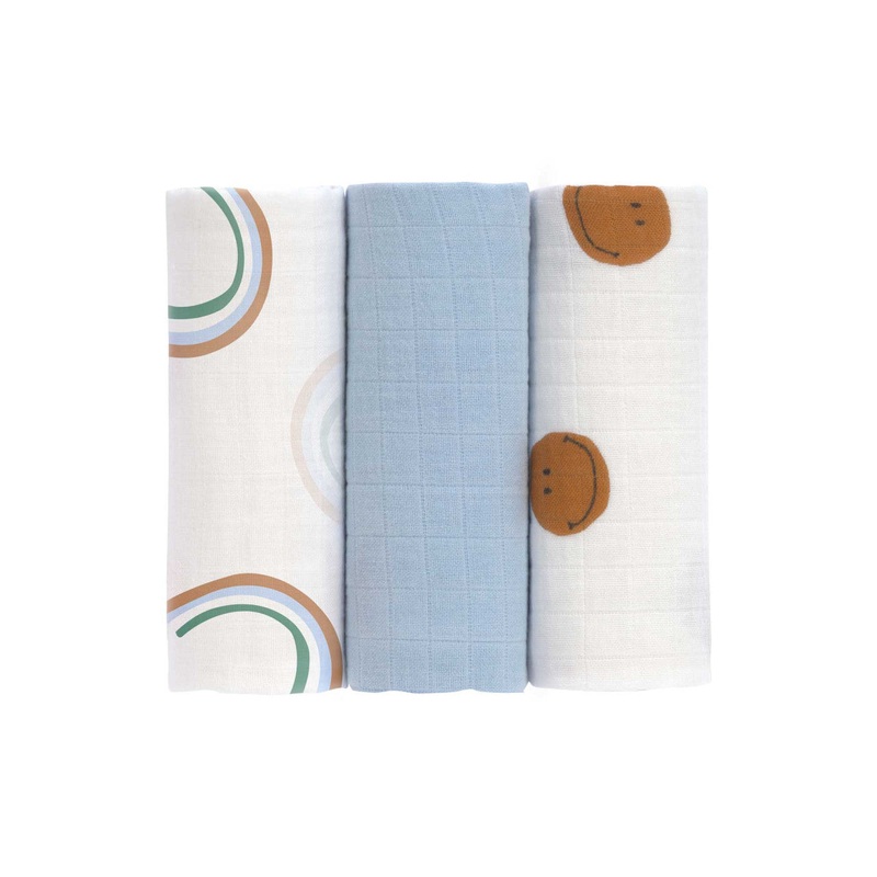 Swaddle & Burp Blanket M (3 pcs) - Happy Rascal sky blue