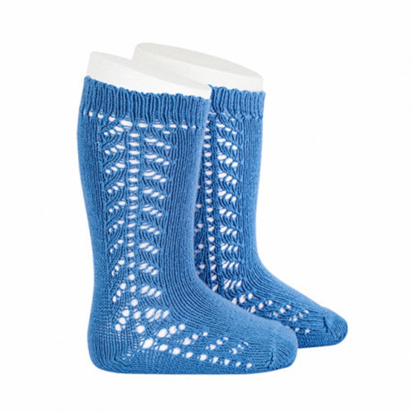 Warm cotton knee socks with side openwork - French Blue 3m/000