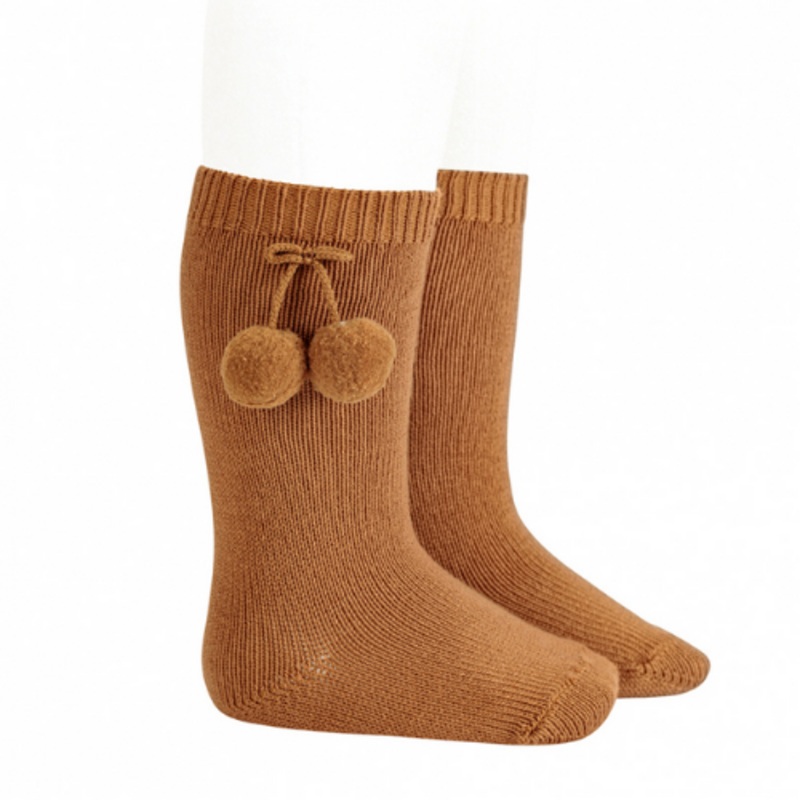Warm Knee-High Socks With Pompoms - Cinnamon 2 years