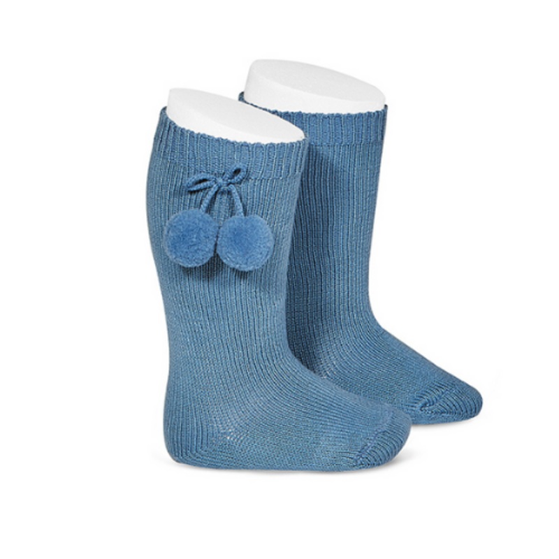 Warm Knee-High Socks With Pompoms - French Blue 4 years