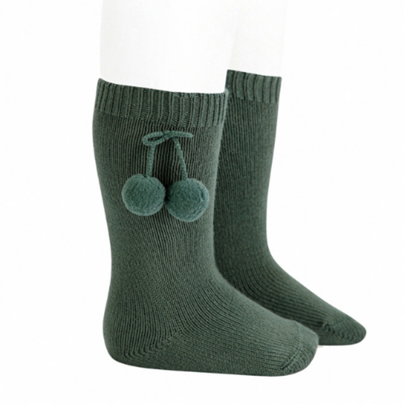 Warm Knee-High Socks With Pompoms - Pine 2 years
