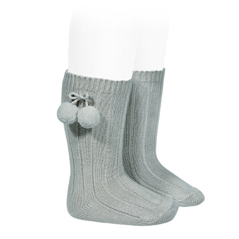 Warm Rib Knee-High Socks With Pompoms - Dry Green 3m/000