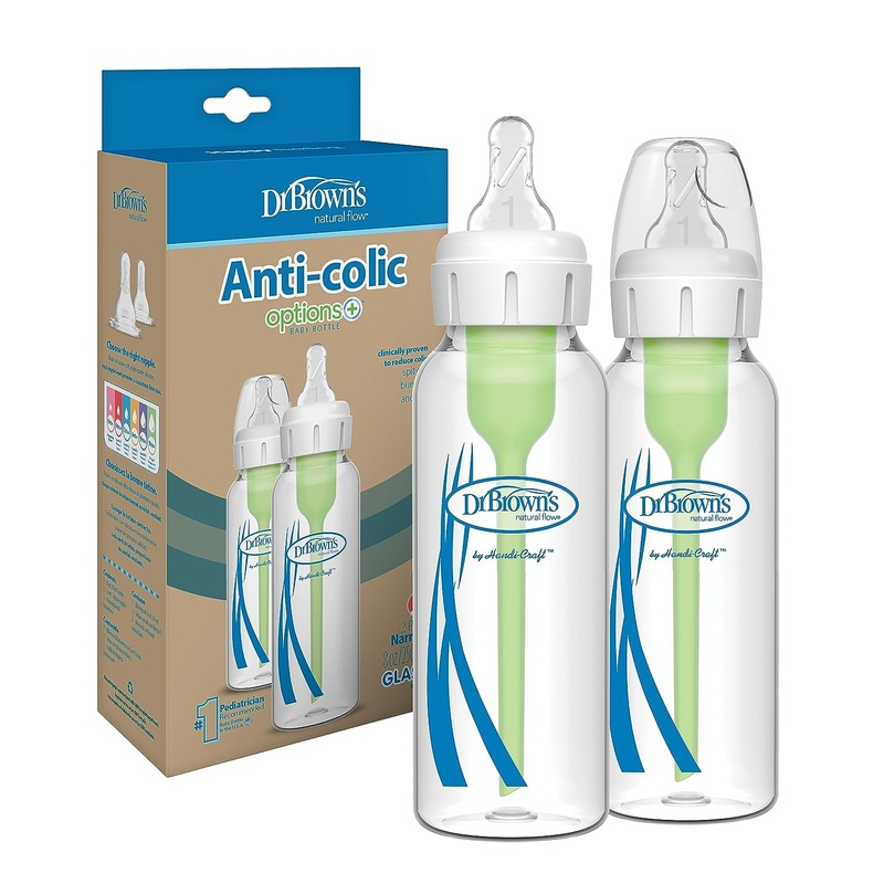 Dr. Brown's Natural Flow Options+ Narrow Glass Baby Bottle, 8oz, 2-Pack