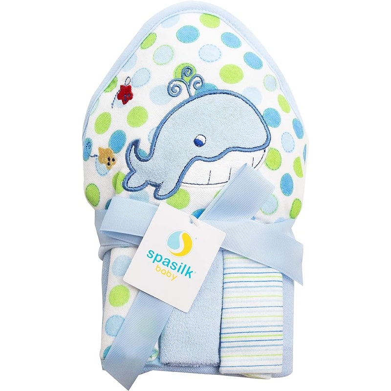 Spasilk Hooded Towel & Washcloths, 4PC Essentials Set - Blue Whale