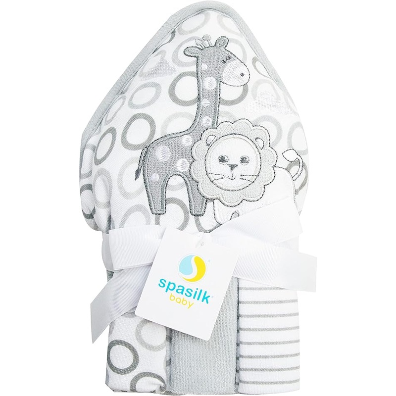 Spasilk Hooded Towel & Washcloths, 4PC Essentials Set - Gray Lion