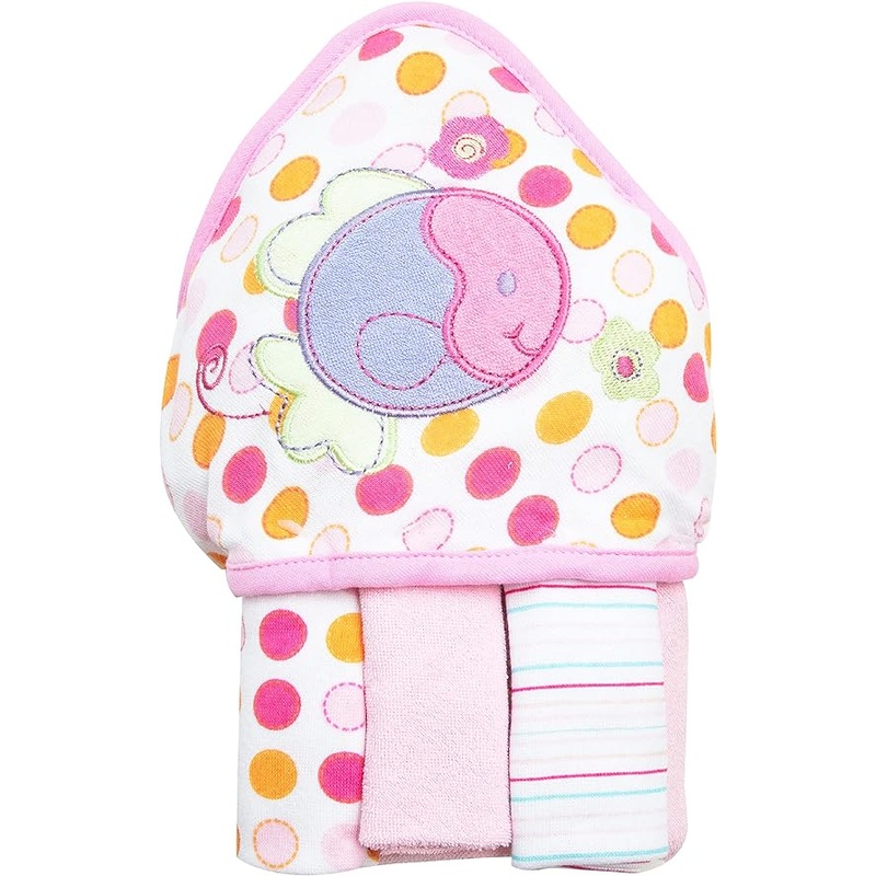 Spasilk Hooded Towel & Washcloths, 4PC Essentials Set - Pink Fish