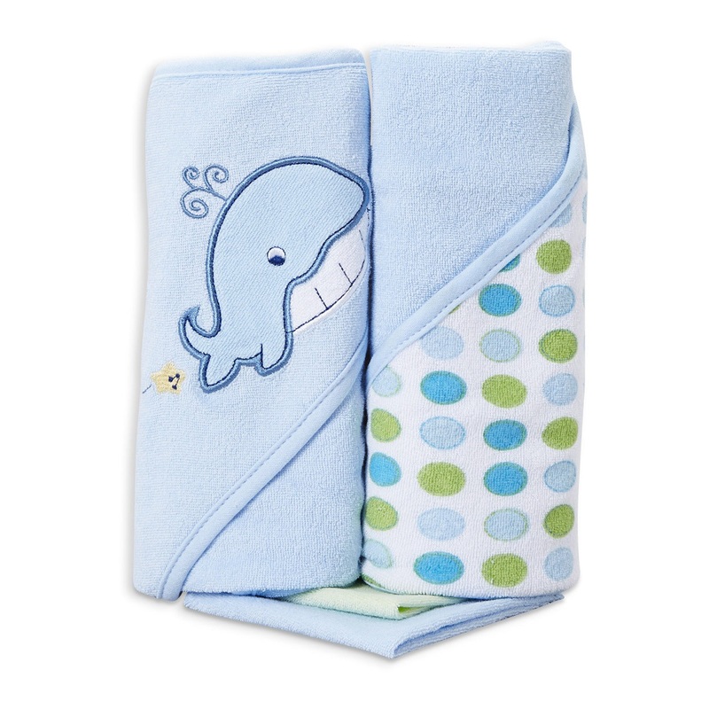 Spasilk Hooded Towel & Washcloths, 4PC Set - Blue Whale