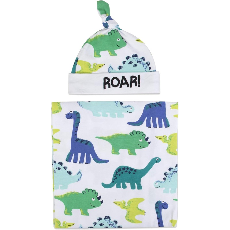 Tender Kisses Gift Set Swaddle Blanket and Hat - Dinosaur