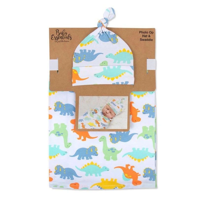 Baby Essentials Gift Set Swaddle Blanket and Hat - Dino