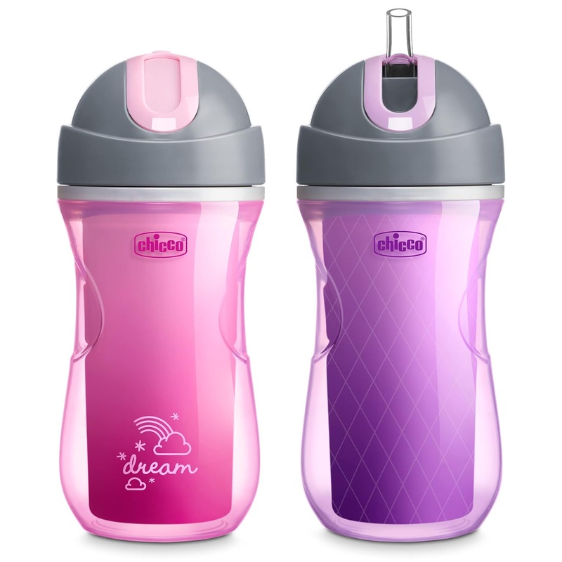 Chicco Double-Wall Insulated Flip-Top Sippy Cup with Silicone Straw and Spill-Free Lid, 9oz. 12M+ 2-Pack Pink
