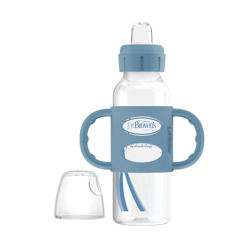 Dr. Browns Milestones Narrow Sippy Bottle with Silicone Handles, 8oz/250mL, 6m+ Light Blue