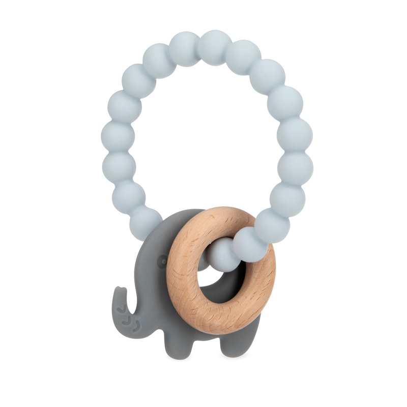 Nuby Natural Wood + Silicone Teething Ring 3+m Grey-Elephant