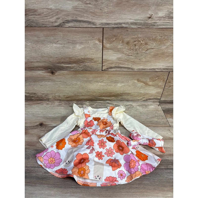 3pc Floral Ghosts Pinafore Dress Set White sz 3-6m White 3m