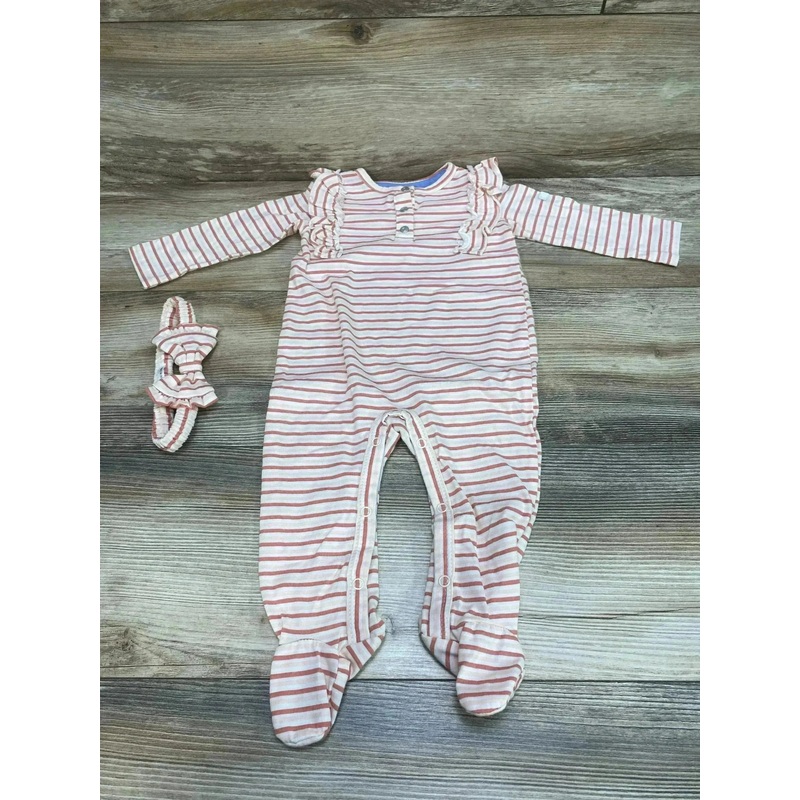7 For All Mankind Striped Ruffle Coverall & Headband Pink sz 6-9m