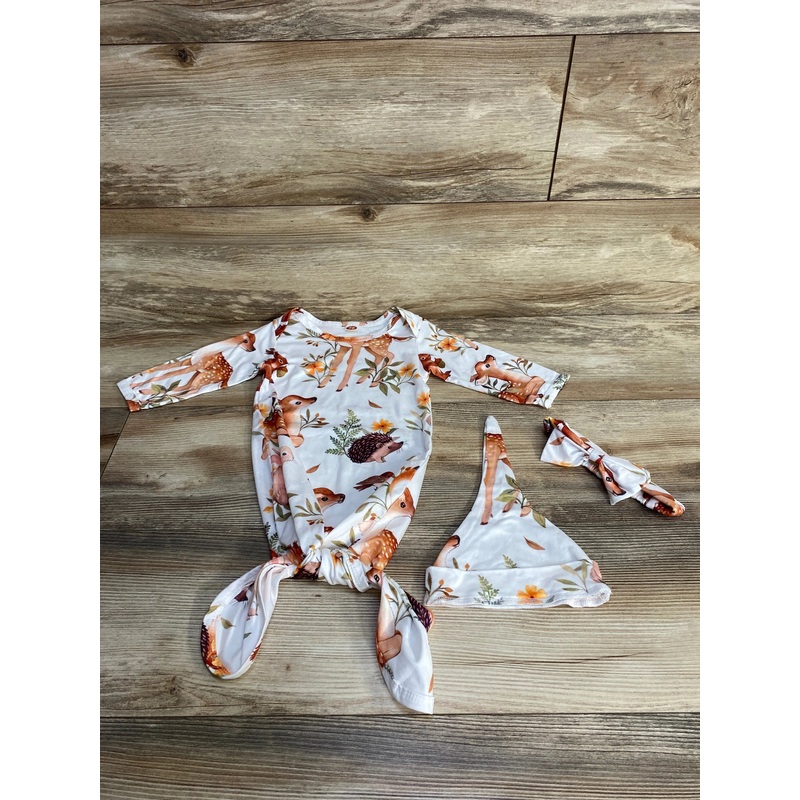3pc Animal Print Knot Gown + Hat + Headband White sz 3-6m White 3m