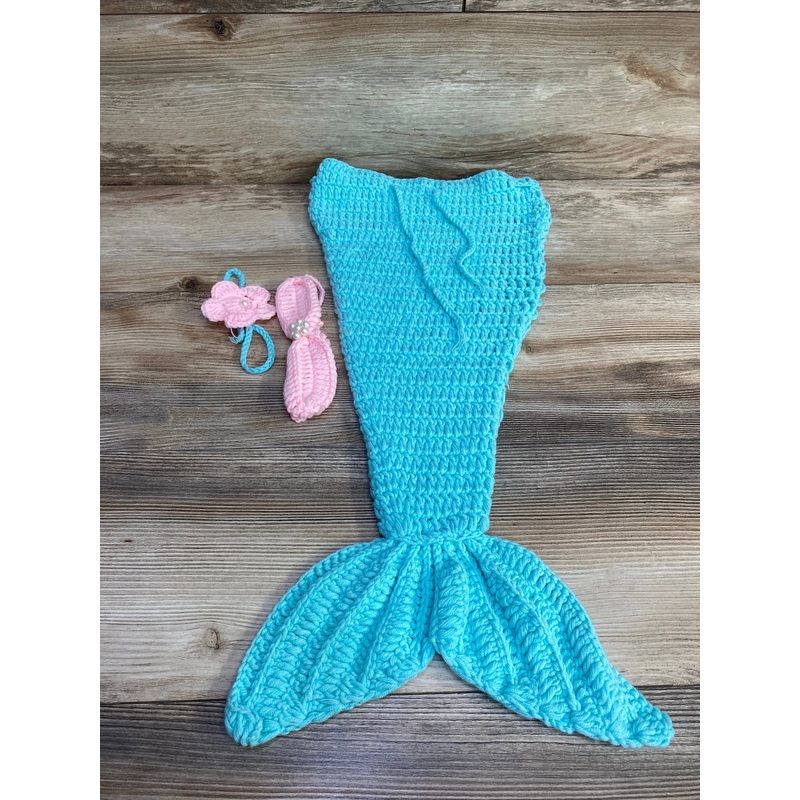 3pc Crochet Mermaid Top + Bottom + Headband Pink/Blue sz 18m-2T Blue 18m