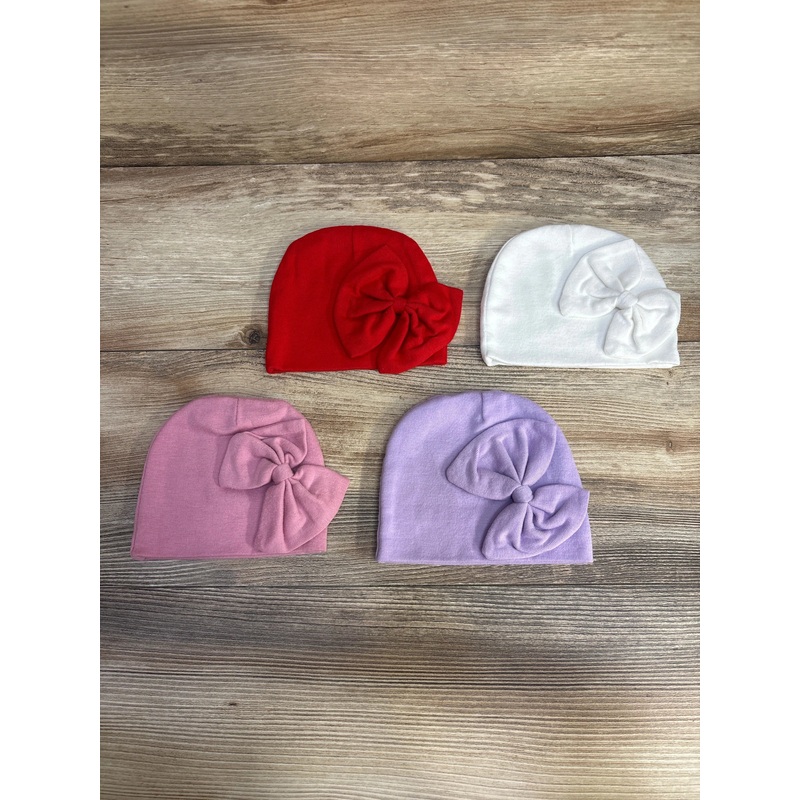 4pk Baby Beanie Cotton Soft Hats w/ Bow sz 0-6m