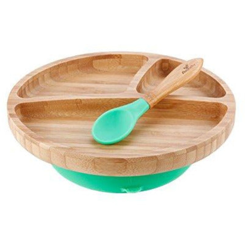 Avanchy Bamboo Suction Plates Green Divided Plate + Spoon