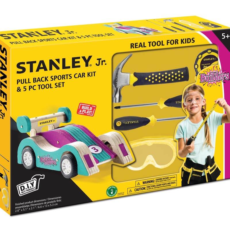 Stanley Jr. Teal & Purple Pull Back Sports Car Kit and 5 Piece Tool Set