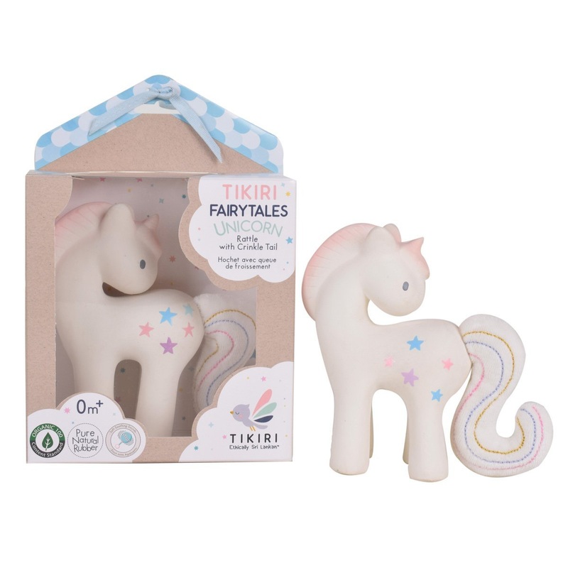 Tikiri Toys Cotton Candy Unicorn Natural Rubber Rattle with Crinkle Tail