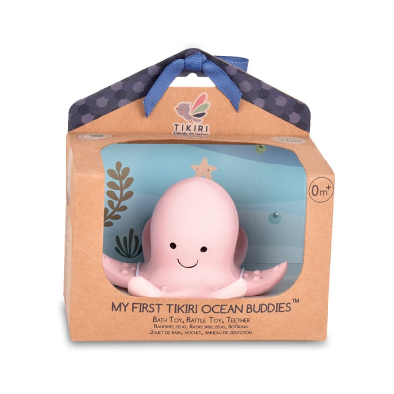 Tikiri Toys Octopus Natural Rubber Teether Rattle and Bath Toy Octopus Natural Rubber Teether