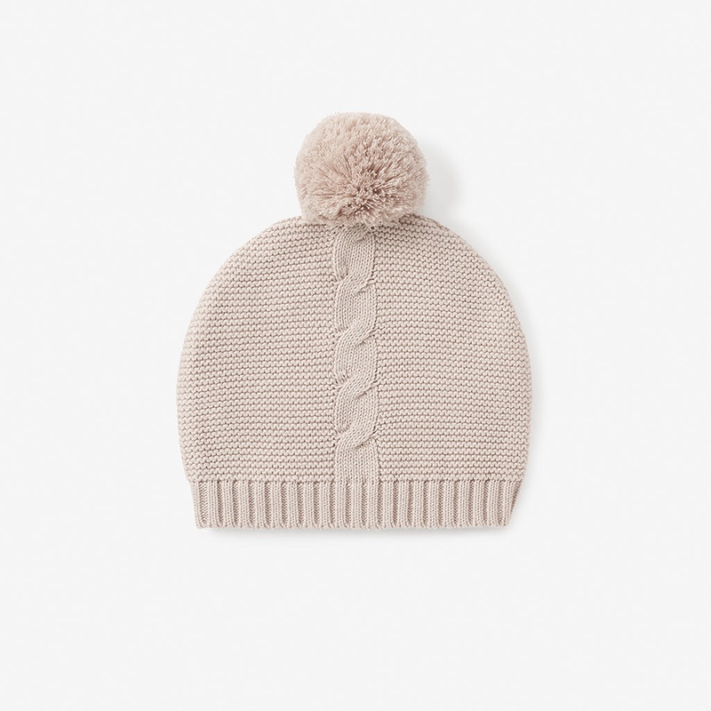 ELEGANT BABY TAUPE GARTER KNIT POM POM BABY HAT 0-12M