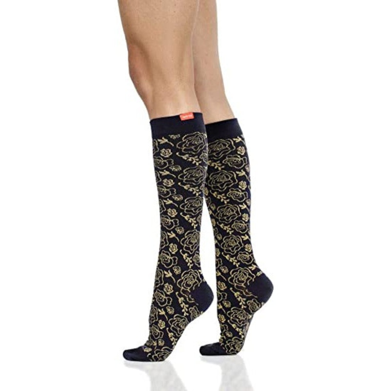 VIM&VIGR Women's Cotton 15-20 mmHg Compression Socks Floral Collection (S/M, Juliet Floral Midnight & Gold) -sale Small/Medium