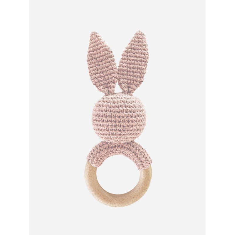 The Blueberry Hill Cotton Crochet Rattle Teether Bunny - Pink