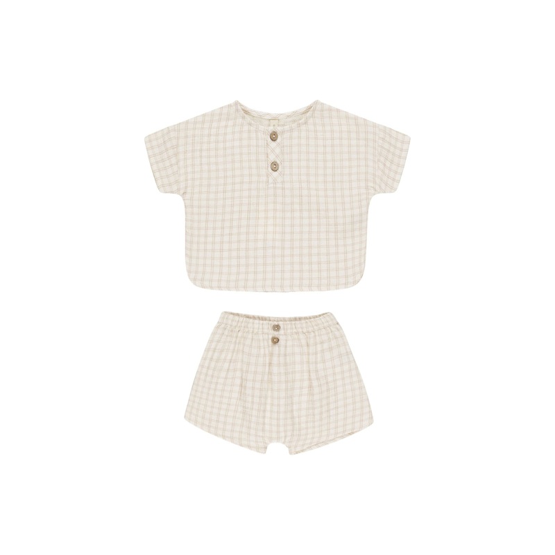 Quincy Mae Woven Boxy Top + Short Set, Oat Check 0-3M