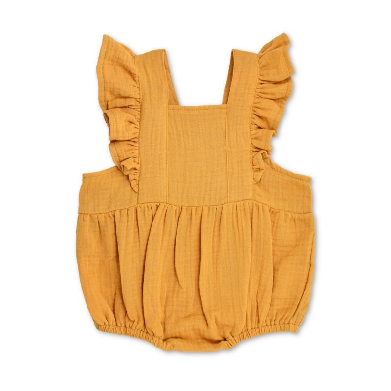 Apple Park Mustard Muslin Flutter Sleeve Romper 3-6M