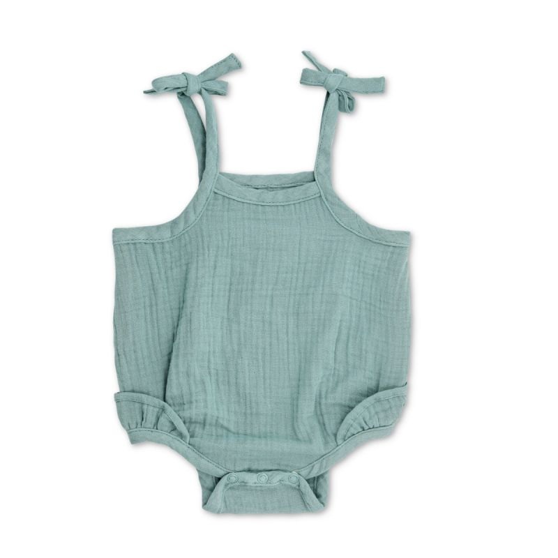 Apple Park Teal Muslin Ruffle Romper with Ties 3-6M