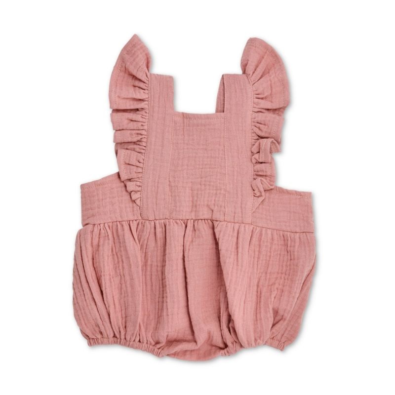 Apple Park Terra Cotta Muslin Flutter Sleeve Romper 3-6M
