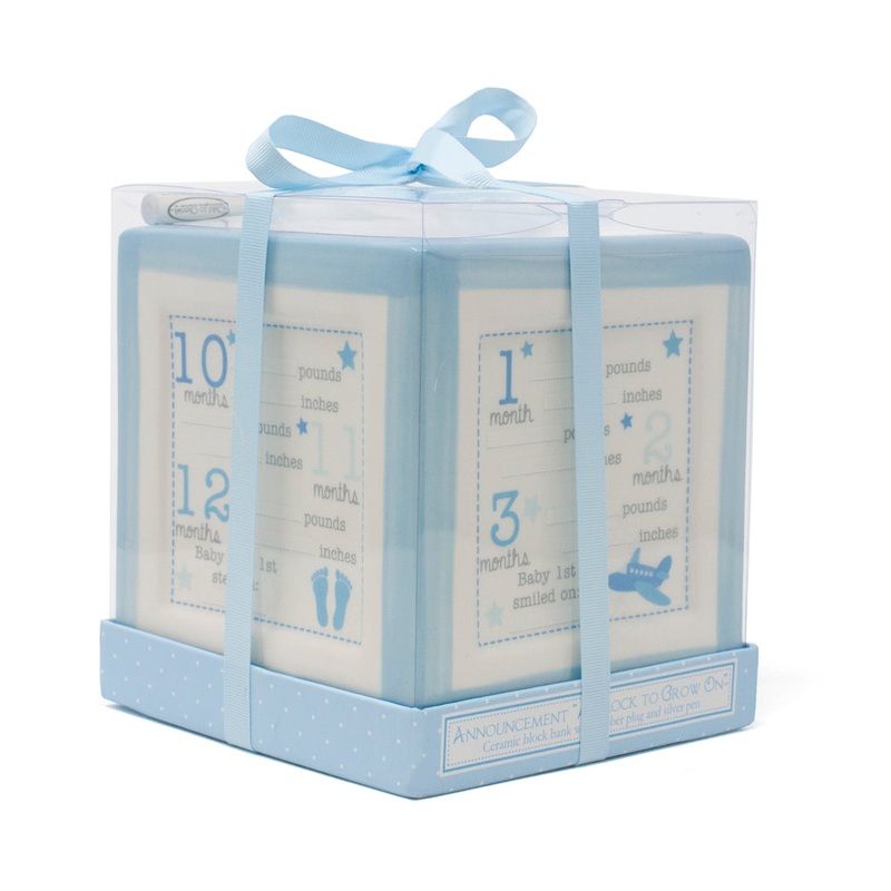 Child to Cherish Announcement Block To Grow Piggy Bank Blue