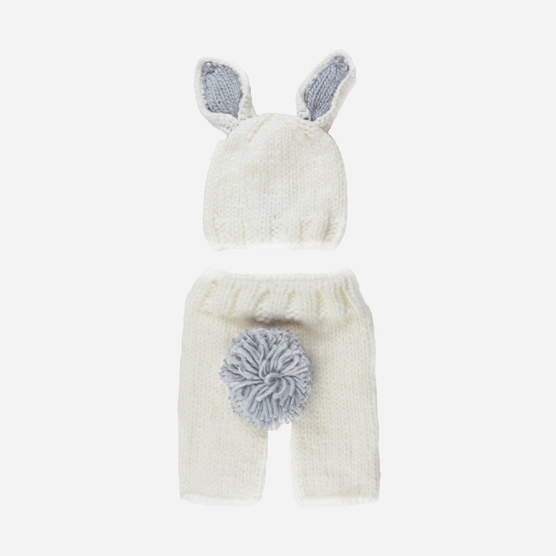 The Blueberry Hill Bailey Bunny Set Acrylic Hand Knit Newborn Baby Outfit Grey