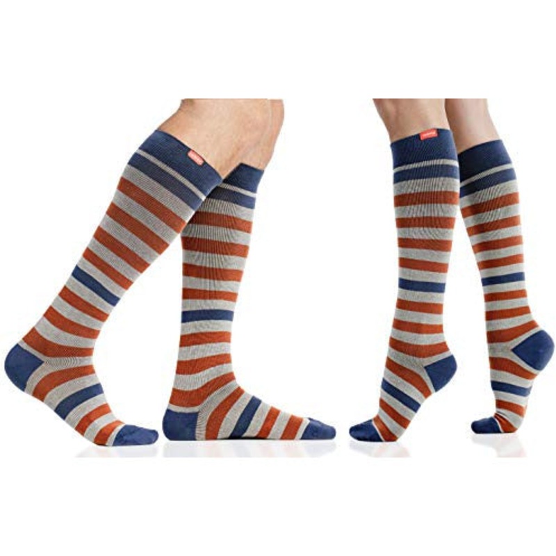 VIM & VIGR Cotton 15-20 mmHg Graduated Compression Socks for Women & Men (Oat & Orange Thick Stripe) Small/Medium