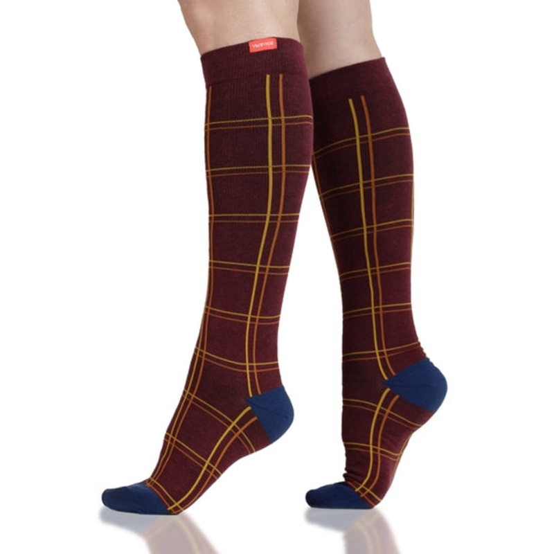VIM & VIGR Cotton Maroon & Gold Window Pane Compression Socks Small/Medium