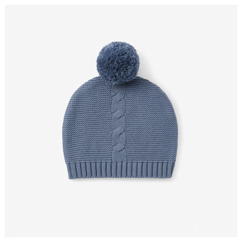 ELEGANT BABY SLATE BLUE GARTER KNIT POM POM BABY HAT