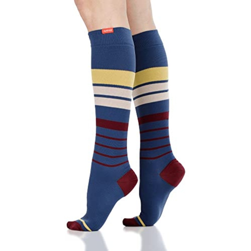 VIM&VIGR Nylon 15-20 mmHg Graduated Compression Socks (Blue & Crimson Rise Stripe) Medium/Large Wide Calf