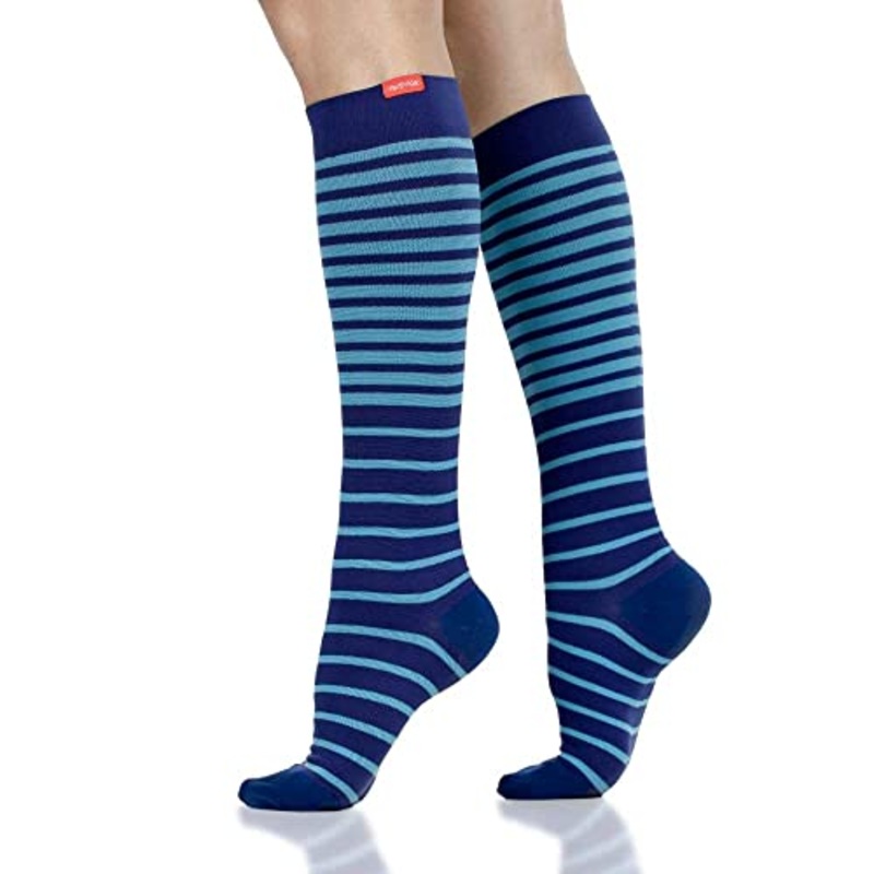 VIM&VIGR Nylon 15-20 mmHg Graduated Compression Socks (Cobalt & Sky Falling Stripe) Small/Medium