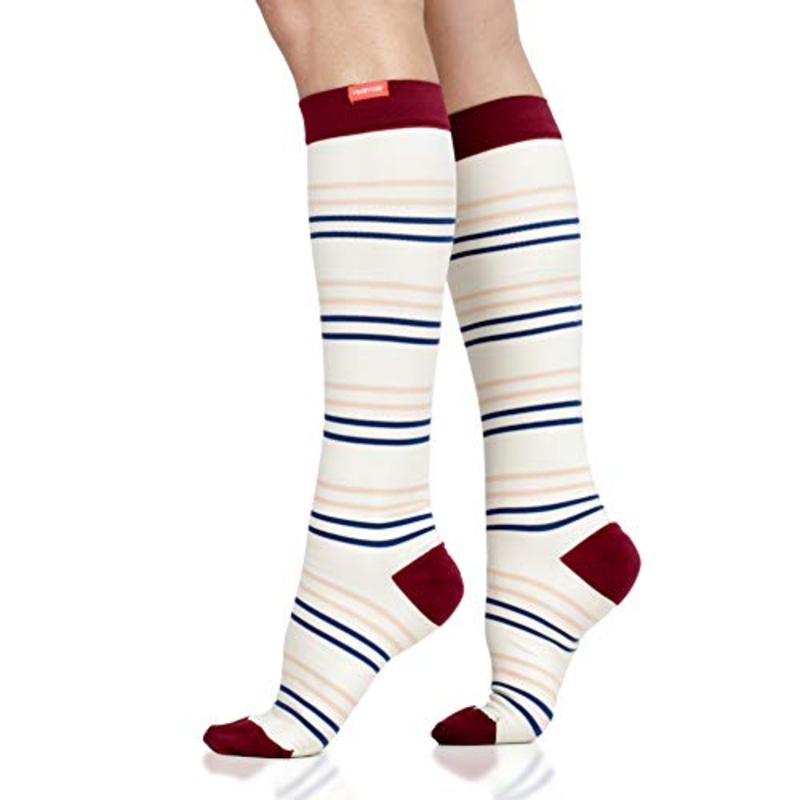 VIM & VIGR Nylon 15-20 mmHg Graduated Compression Socks for Women & Men (Cream & Peach Fresh Stripe) Small/Medium