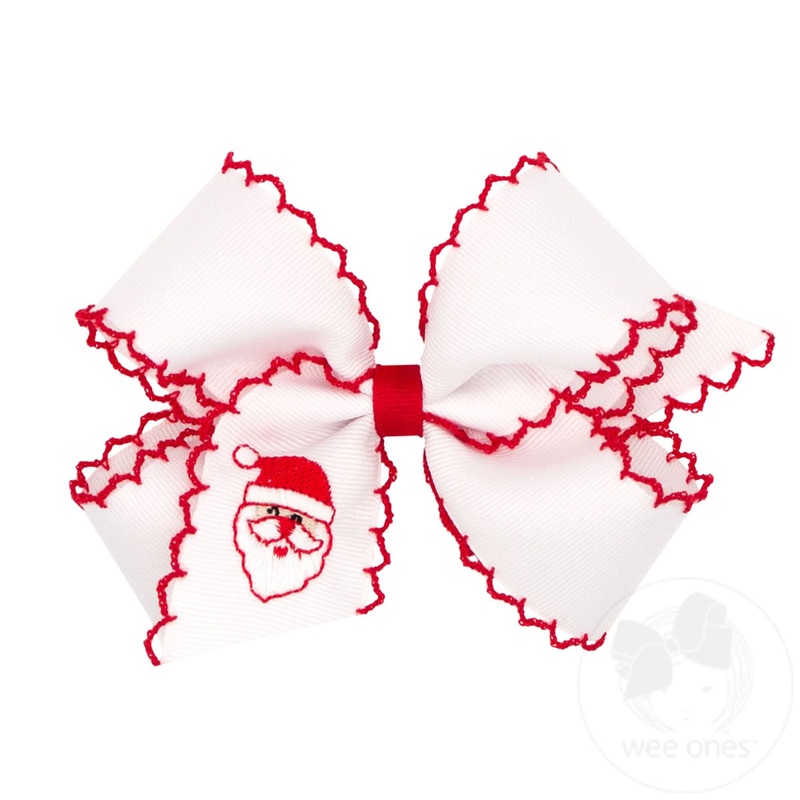 Wee Ones Medium Grosgrain Hair Bow with Moonstitch Edge and Christmas-themed Embroidery White Santa