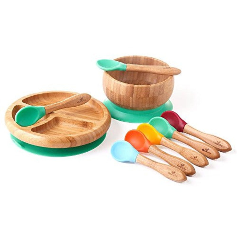 Avanchy Green Bamboo Baby Divided Plate + Green Bamboo Bowl + Spoon Set (No Pink) Green Baby Divided Plate + Bowl + Spoon Set