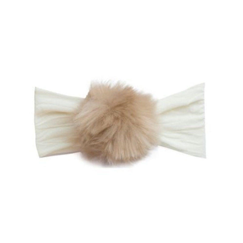 Baby Bling Cream Brown Rabbit Fur Pom Headband