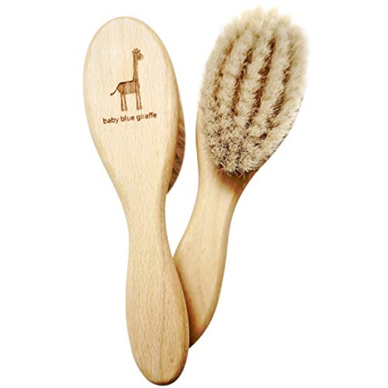 Baby Blue Giraffe Super Soft Baby Hair Brush: 100% Made in Germany from All Natural Beech Wood and Goat Hair