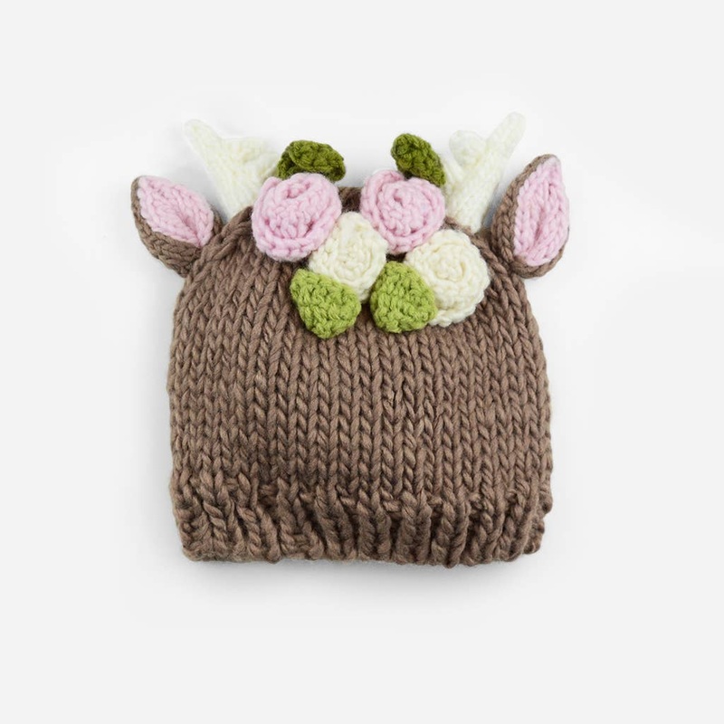 The Blueberry Hill Hartley Deer Tan Flowers Acrylic Hand Knit Baby Hat, 0-3M