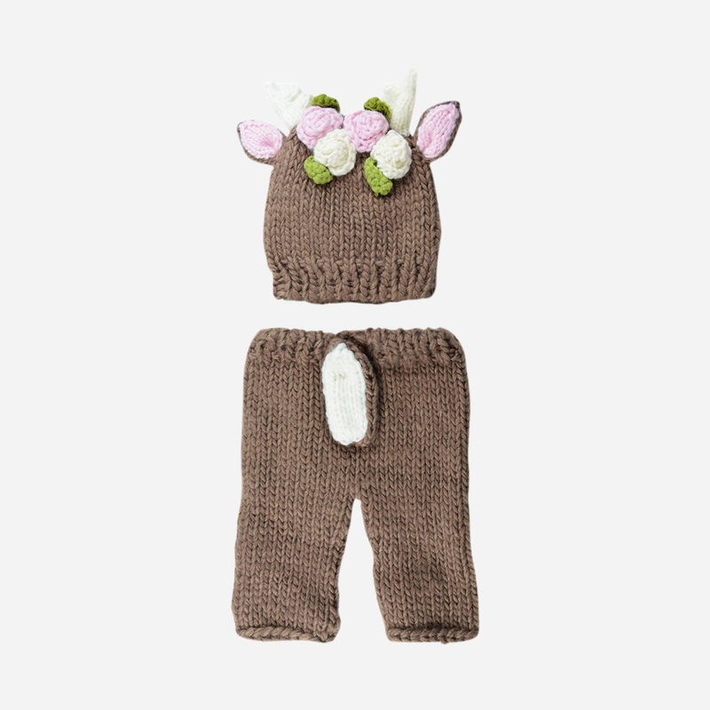 The Blueberry Hill Hartley Deer with Flowers Hand Knit Newborn Baby Set